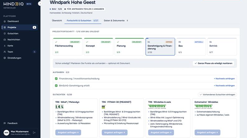 WINDIQ Projektseite mit Projektphasen, Aufgaben und Gutachten-Angeboten der Büros