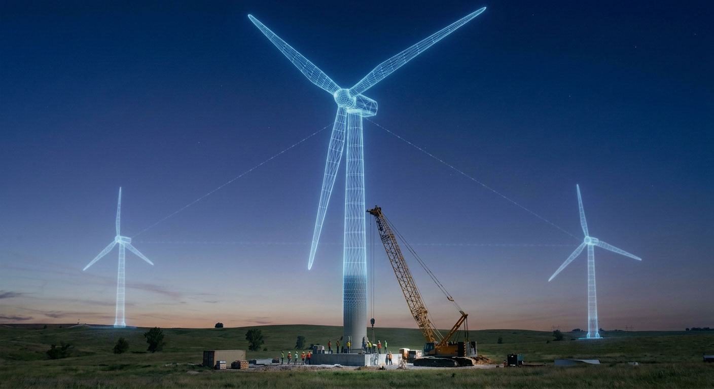 Windenergieanlagen als digitale Zwillinge über einer Baustelle
